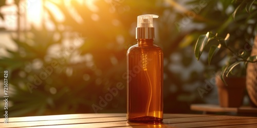 A bottle of lotion placed on a wooden table. Can be used for skincare, beauty products, or personal care concepts