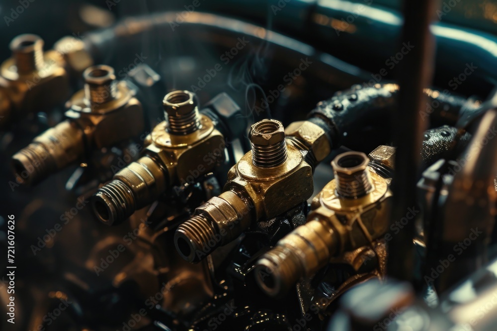 A detailed close-up view of a bunch of valves on a machine. This image can be used to illustrate industrial processes or mechanical engineering concepts A detailed close-up view of a bunch of valves on a machine. This image can be used to illustrate industrial processes or mechanical engineering concepts