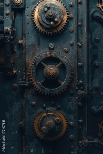 A detailed close-up of a metal door featuring intricate gears. This image can be used to represent industrial machinery, mechanical systems, or steampunk aesthetics