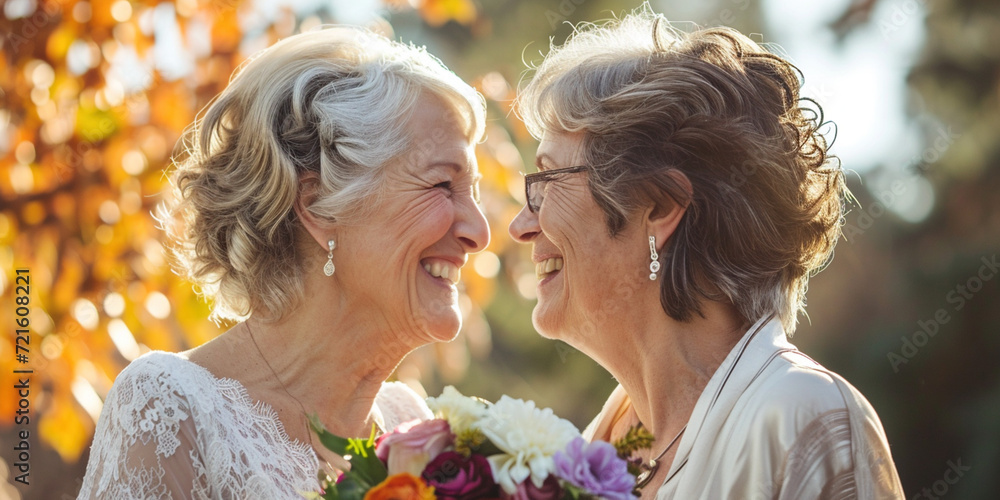 Wedding Of Senior Gay Lesbian Couple Look At Each Other In Love LGBTQ Wedding Of Senior Gay Lesbian Couple Look At Each Other In Love LGBTQ
