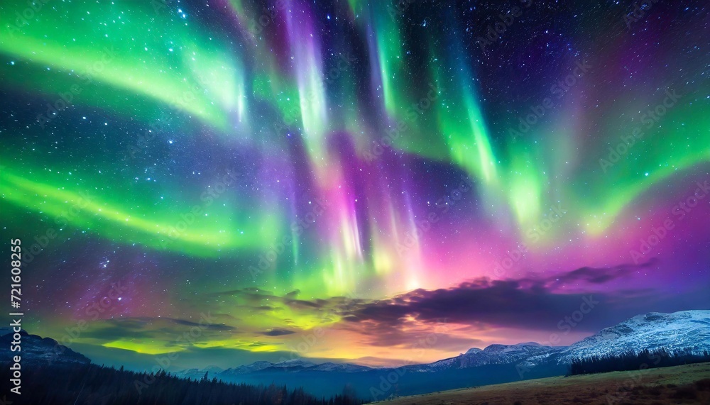 Northern lights in the night sky. Aurora borealis in the mountains