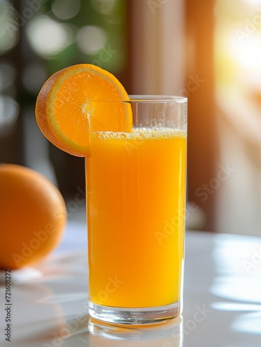 Fresh orange juice in tall clear glass with slice of orange on rim  set on white table with blurred background