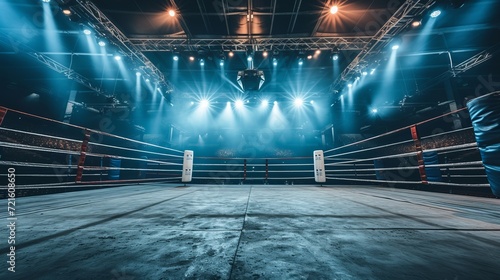 Spectacular view of an empty professional boxing ring in a spacious arena with dazzling spotlights photo