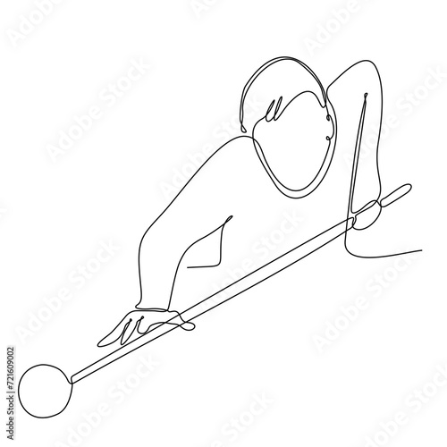 One line drawing of handsome young man playing pool in pool hall vector illustration. Indoor sports recreation game concept. Modern continuous line drawing design