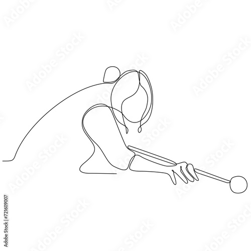 One line drawing of beautiful woman playing pool in pool hall vector illustration. Indoor sports recreation game concept. Modern continuous line drawing design