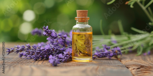 Organic lavender essential oil in dark glass transparent bottle and fresh lavender flowers on background. Aromatherapy herbal treatment beauty treatment serum natural face and body care