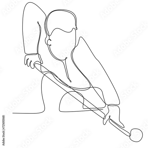 One line drawing of handsome young man playing pool in pool hall vector illustration. Indoor sports recreation game concept. Modern continuous line drawing design