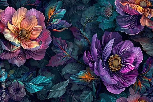floral background, botanical flower bunch, dark turquoise and dark purple, pink, red, yellow, vintage motif for floral print digital background.