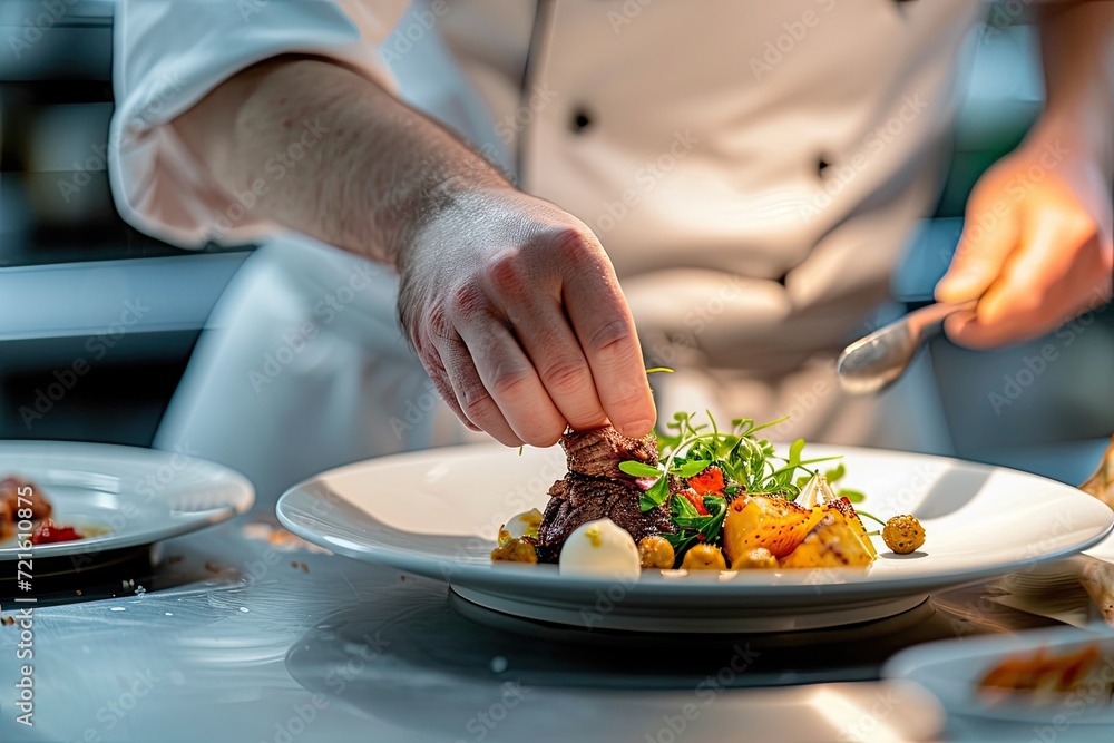 A chef preparing a delicious dish in a fine restaurant. A chef preparing a delicious dish in a fine restaurant.
