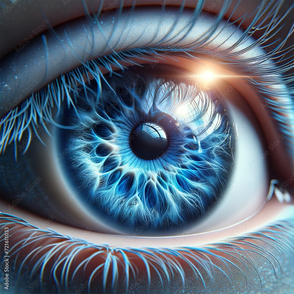 Bright blue eyes with reflection of sunlight. Close-up image of the human eye. The eyes have sunlight reflecting them, adding a bright, sparkling effect. Intricate patterns on the iris and visible eye