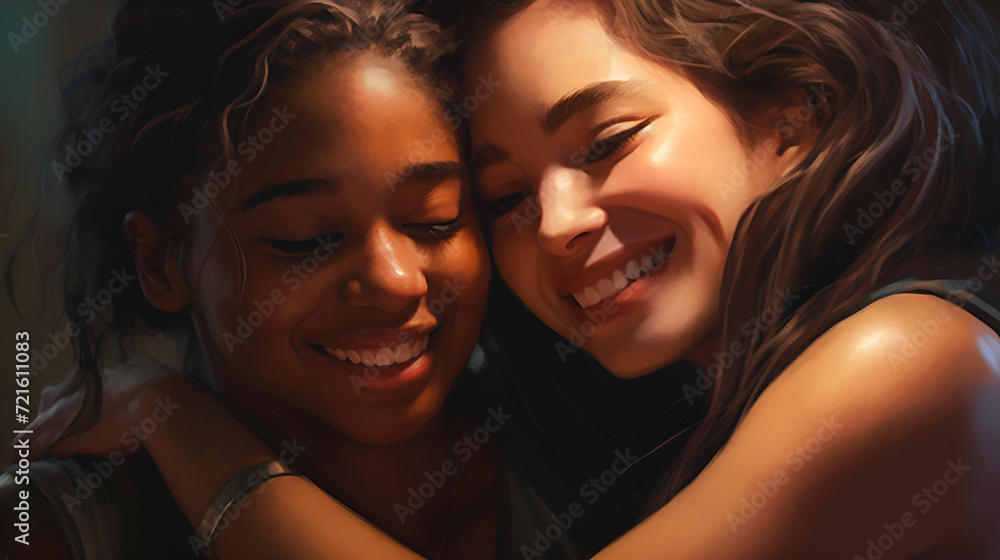 Two beautiful girls, friends, dark-skinned and light-skinned, with beautiful hair, smiling. Close-up portraits Two beautiful girls, friends, dark-skinned and light-skinned, with beautiful hair, smiling. Close-up portraits