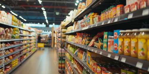 grocery store aisle dedicated to diet foods, with shelves stocked with healthy options, focus on the vibrancy and textures of food packaging, realistic lighting and shoppers in the background