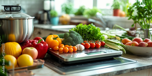 Fototapeta Naklejka Na Ścianę i Meble -  digital kitchen scale displaying a precise measurement with fresh vegetables and fruits around it, focus on the texture and natural colors of the food items, high-resolution, clean background