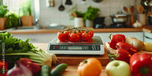 Fototapeta Naklejka Na Ścianę i Meble -  digital kitchen scale displaying a precise measurement with fresh vegetables and fruits around it, focus on the texture and natural colors of the food items, high-resolution, clean background
