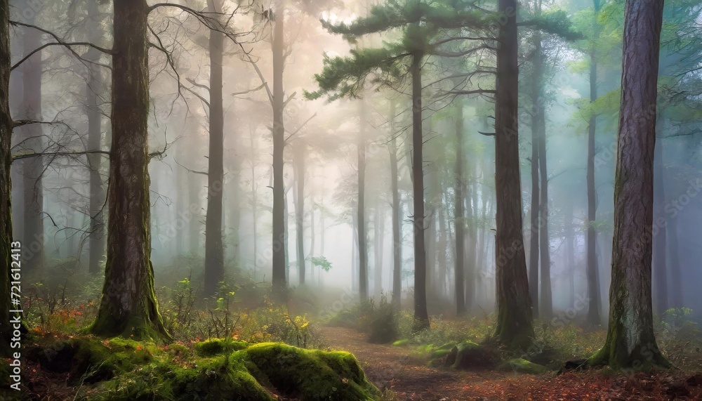 Morning in the forest. Foggy morning in the woods. Beautiful landscape Morning in the forest. Foggy morning in the woods. Beautiful landscape