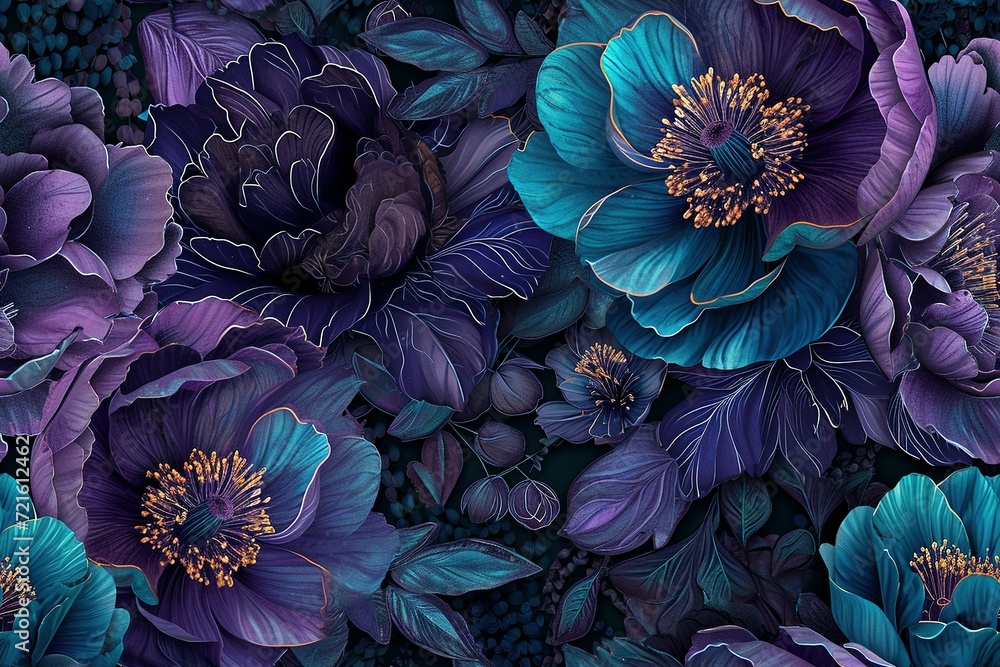 floral background, botanical flower bunch, dark turquoise and dark purple, pink, red, yellow, vintage motif for floral print digital background. - obrazy, fototapety, plakaty 