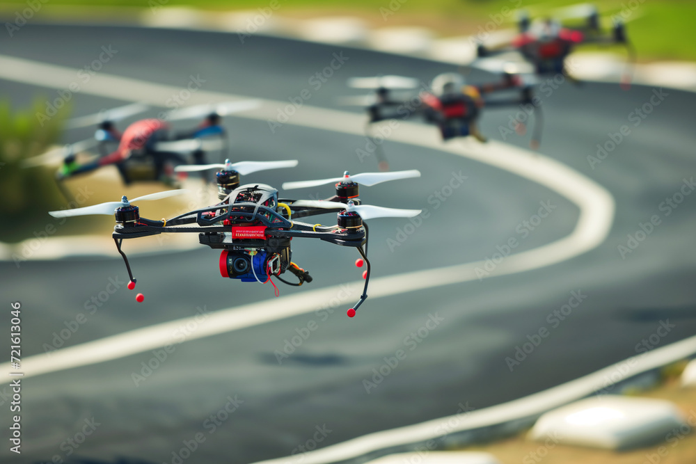 Obraz premium Pilots navigating drones through a challenging racecourse