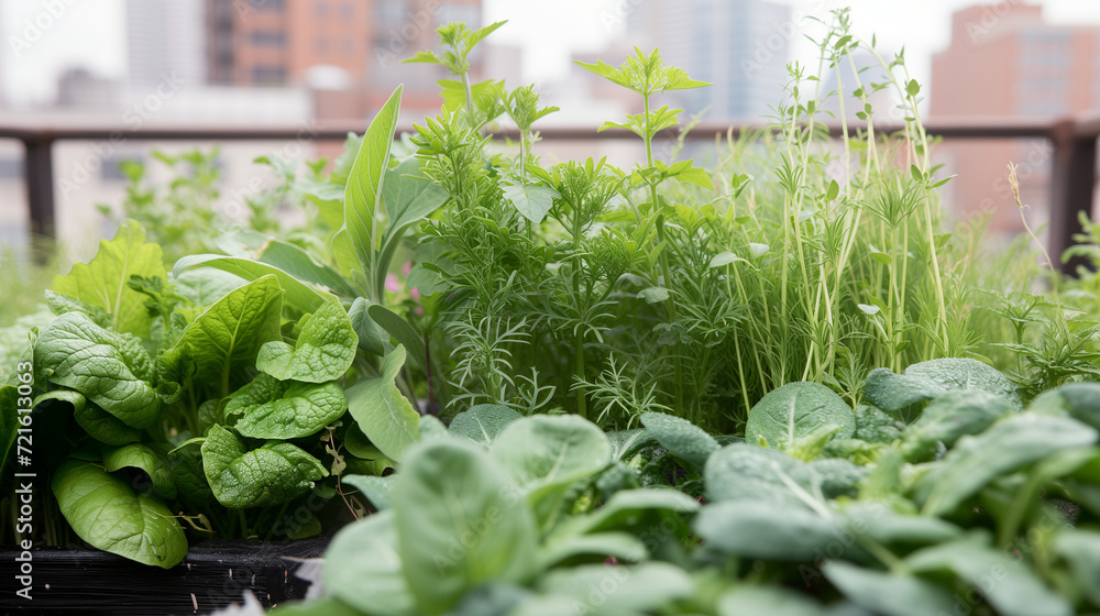 Close-ups of vegetables and herbs growing in an urban rooftop farm