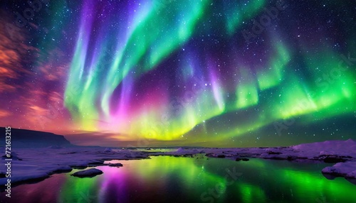 Aurora borealis, northern lights over the lake in winter