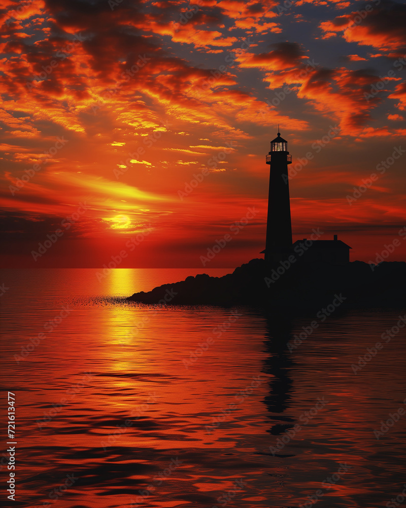 A lighthouse against a vibrant sunset sky by the coastline