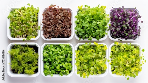 Assorted microgreens growing in small containers. Top view. White background. Variety of young edible sprouts. Concept of urban gardening, nutritious sprouting, compact farming, healthy lifestyle.