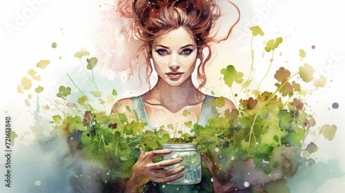 Female gardener with greenery in a vibrant watercolor style with splashes. White background. Concept of gardening, joy, nature, eco-friendly lifestyle, growth. photo