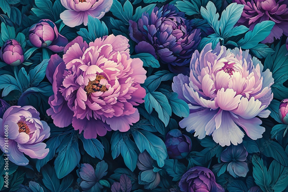 floral background, botanical flower bunch, dark turquoise and dark purple, pink, red, yellow, vintage motif for floral print digital background.