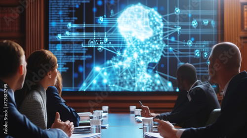 Group of corporate professionals intensely discussing the ethical implications of artificial intelligence in a modern conference room, illuminated by a holographic brain projection photo