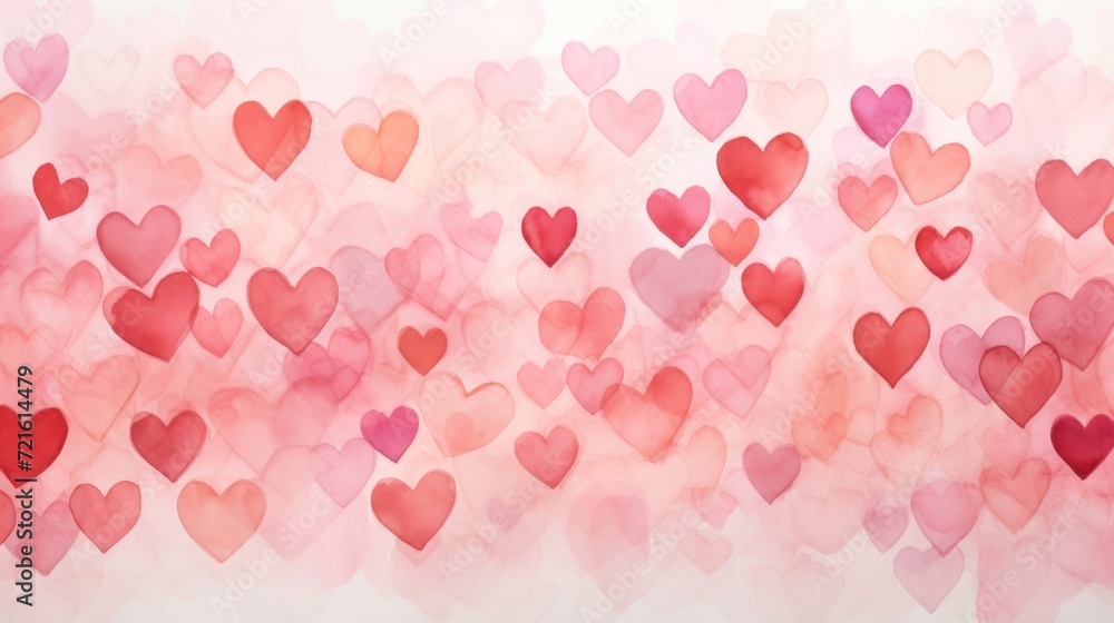 Watercolor hearts in soft pastel red color forming a romantic pattern. Concept of love, affection, Valentines Day, romantic background.