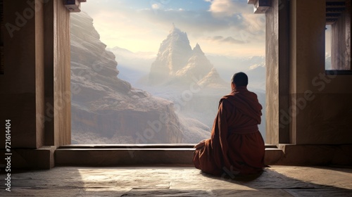 A monk in contemplation at a mountain temple during sunrise. Concept of meditation, serenity, spirituality, introspection, calmness photo
