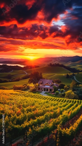 A vibrant sunset sky above a lush vineyard and a cozy house. Concept of sunset splendor over vineyard, rural retreat, nature harmony, calmness. Vertical format