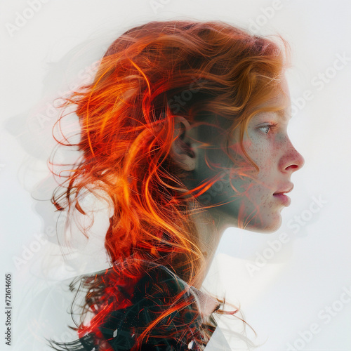 Double exposure of a young red-haired girl. Photos, digital arts and drawings