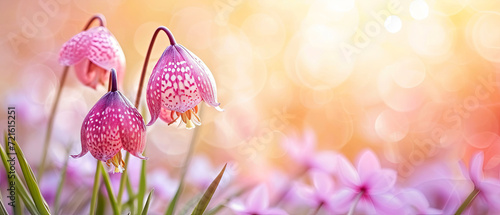 Enchanting close-up of the rare, endangered chessboard flower (Fritillaria meleagris) with dark red, hanging bell-shaped blooms displaying a checkered pattern. Blurred spring luxury background card.
