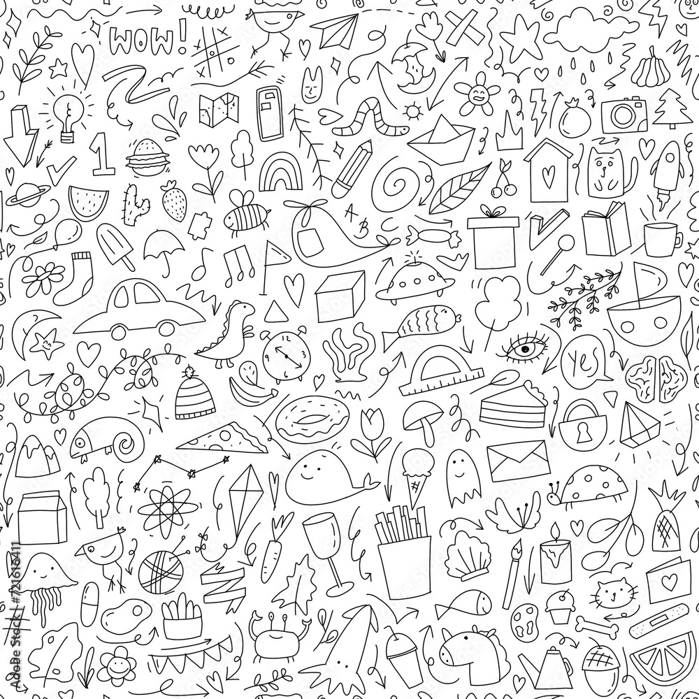 Cool doodle seamless pattern background with different elements. childish hand drawn wallpaper, Print and make a greeting card or wrapping paper for your needs