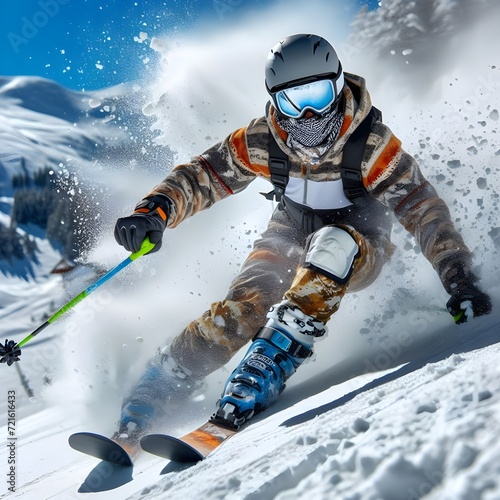 Skilled Skier Descending Snowy Slope in a Mountain Resort During Winter