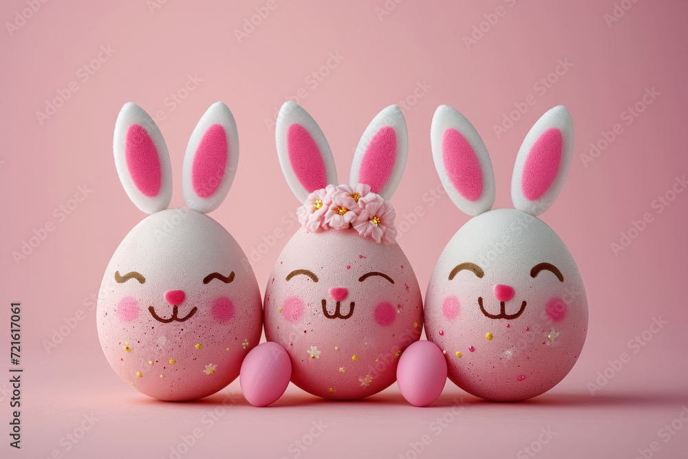 Three funny painted Easter eggs with cheerful faces and bunny ears on smooth pink background, symbol of happy Easter Three funny painted Easter eggs with cheerful faces and bunny ears on smooth pink background, symbol of happy Easter