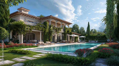 Luxurious Mediterranean Villa with Sprawling Garden and Pool, Idyllic Retreat for Relaxation and Entertainment Amidst Lush Greenery and Architectural Elegance © Marina