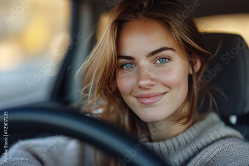 Beautiful young happy woman with warm smile driving her car. Close up portrait of female with glad positive expression enjoying travel photo