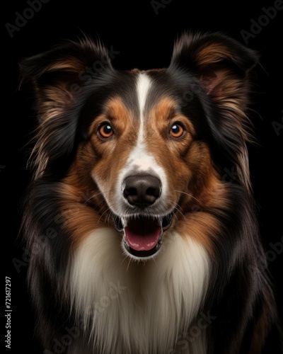 Close up studio portrait single cute collie dog, looking in camera isolated on black background