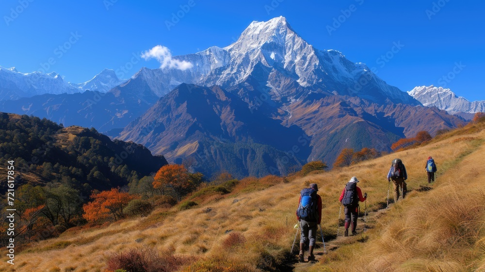 people are trekking at Mardi Himal, Himalaya area on their trip.  