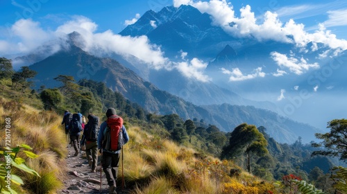 people are trekking at Mardi Himal, Himalaya area on their trip. 