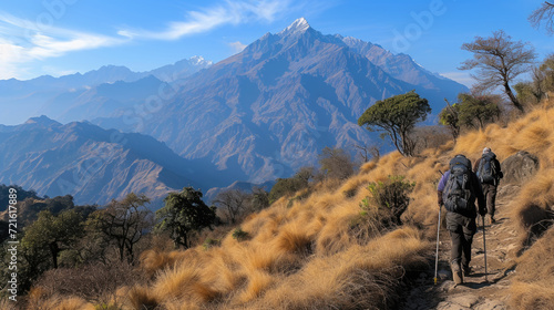 people are trekking at Mardi Himal  Himalaya area on their trip.  