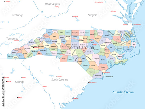 Colorful political map of the counties that make up the state of North Carolina in the United States photo