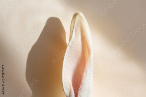 An upright, slender white rabbit ear, casting a delicate shadow on a pastel ivory background.