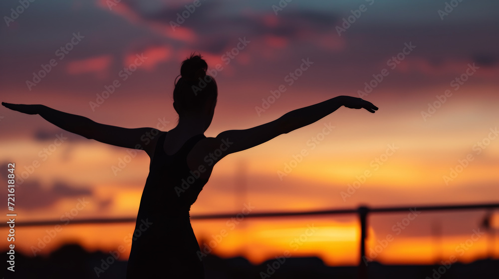 Dusk's Embrace: Silhouette of a Gymnast in the Emotional Arena. Generative AI