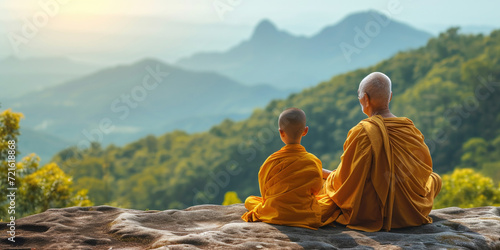 Two Buddhist monks young child and old senior man in meditation zen look at sunset or sunrise background on high mountain. Serene warrior find spirituality and wellbeing. Mental health concept