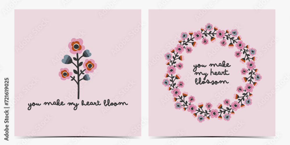Set of Valentine's Day, anniversary, engagement, greeting cards, posters, templates, labels with colorful flowers