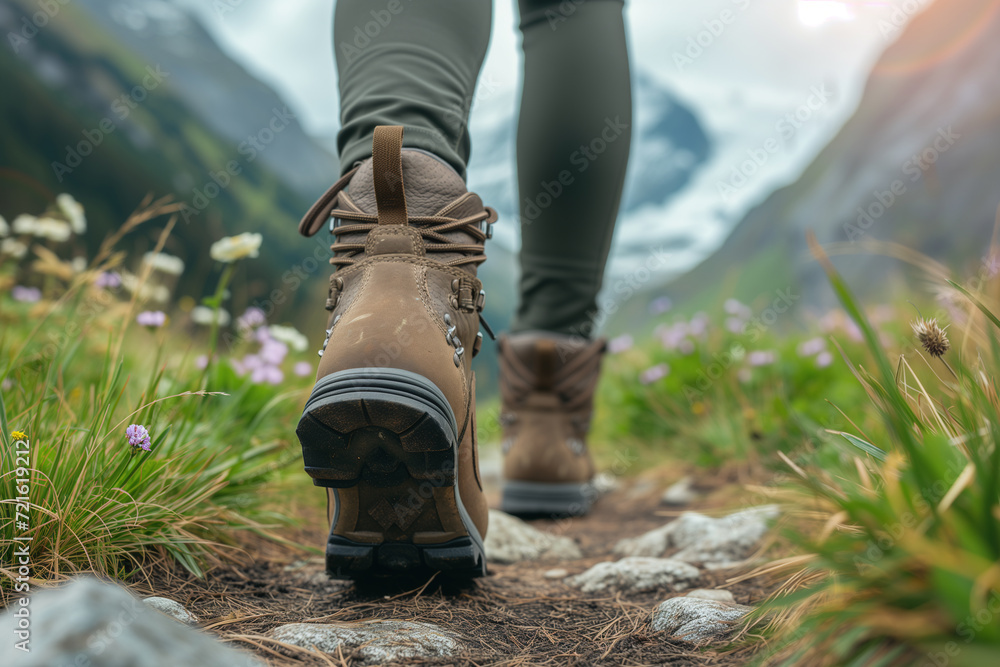 Person wearing hiking boots walking on path in field with mountains in the background Person wearing hiking boots walking on path in field with mountains in the background