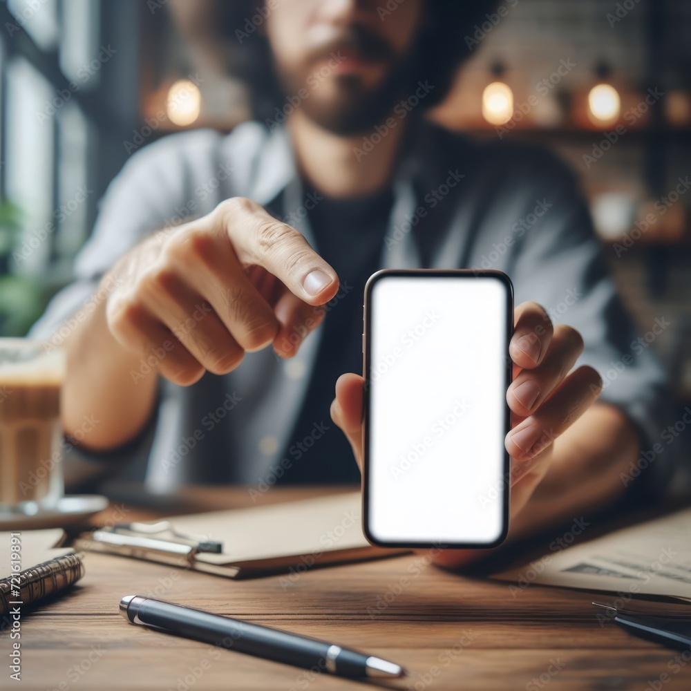 A casually dressed businessman in a café pointing to a blank smartphone screen, ideal for app development mockups.
