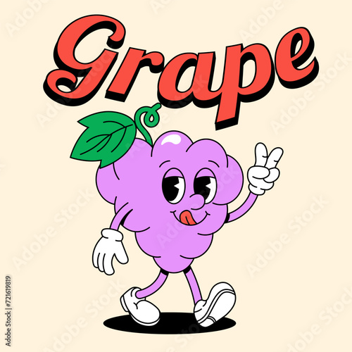 Retro Grapes with arms and legs. Purple groove fruit. Vector illustration for juice, drink, lemonade